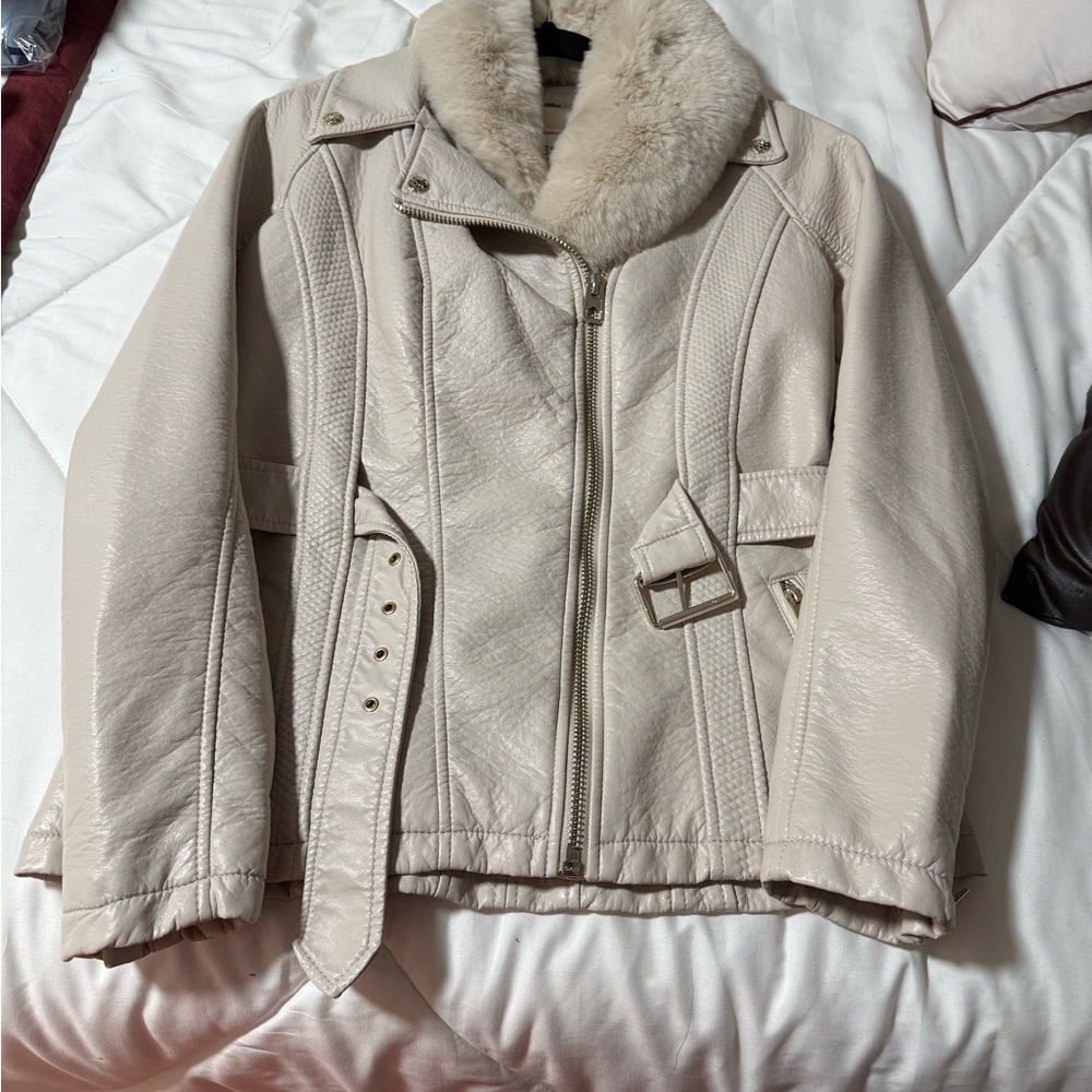 Guess Cream Leather Jacket with Fur Collar